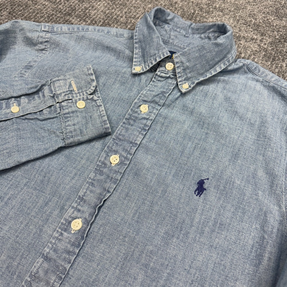 Ralph Lauren Slim Fit Chambray Denim Button Down Shirt Mens M Blue Long Sleeve